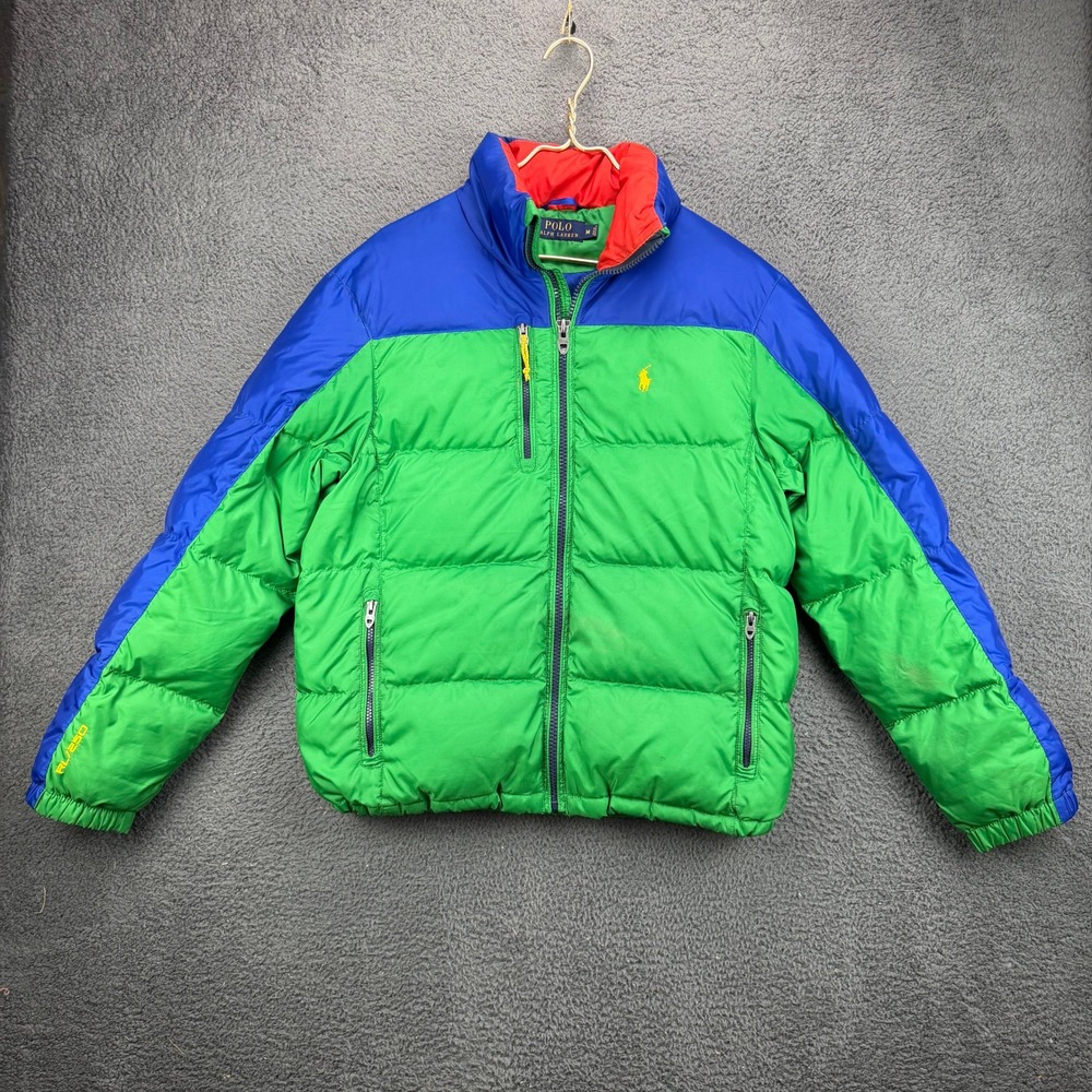 Polo Ralph Lauren Mens RL250 Down Puffer Jacket Green Blue Red Colorblock Size M